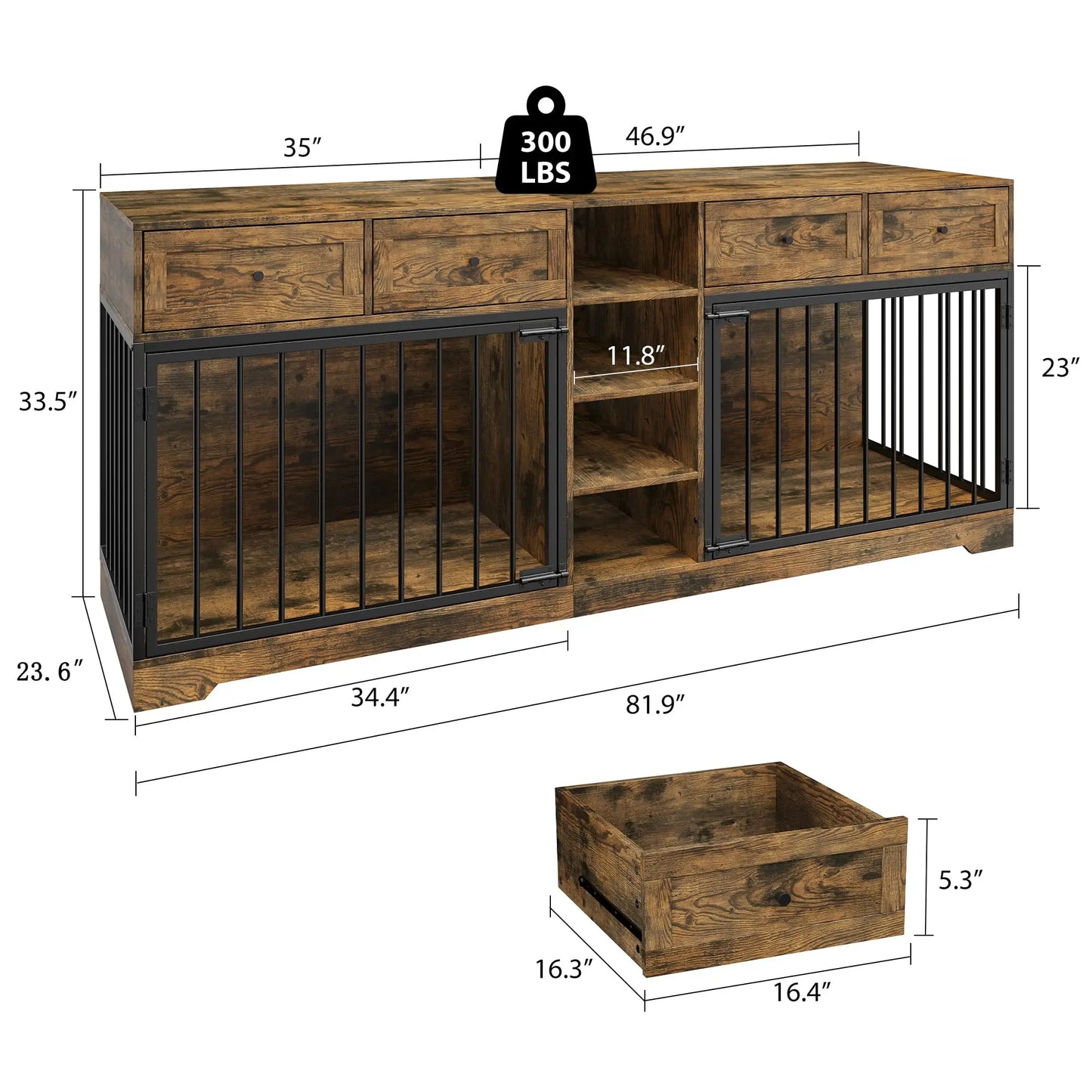 HiMISS Heavy Duty Wooden Dog Crate TV Stand With Drawers
