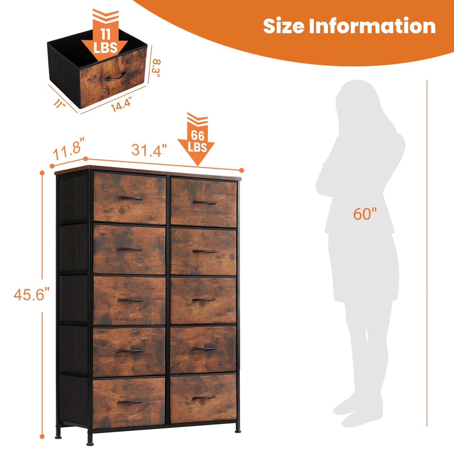 JHK Steel Frame Wardrobe With 10 Fabric Drawers