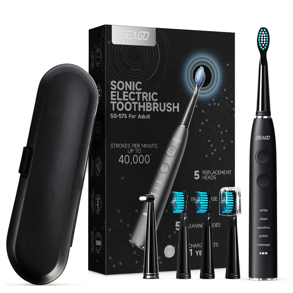 Seago Sonic Electric Toothbrush With 5 Modes And 5 Heads Travel Box