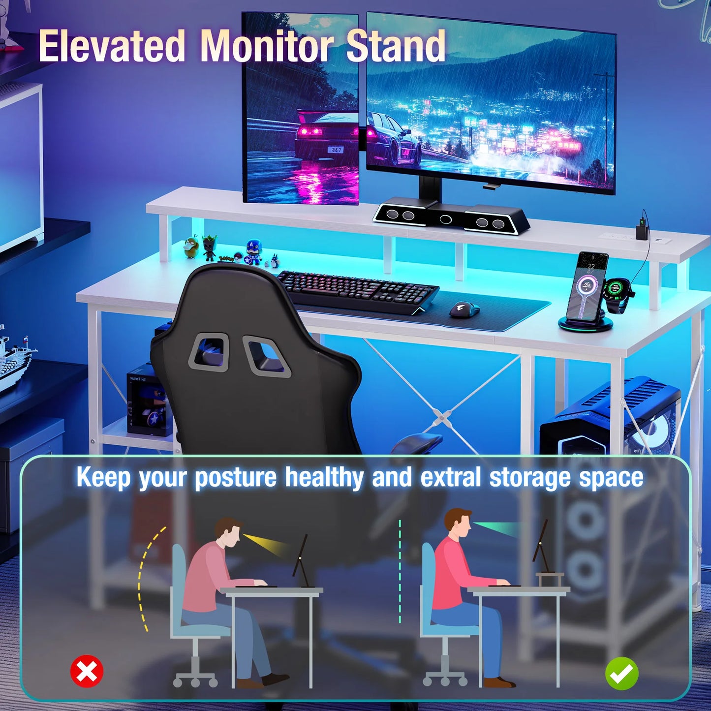 JHK 48 Inch Computer Desk With Shelves And Power Outlets