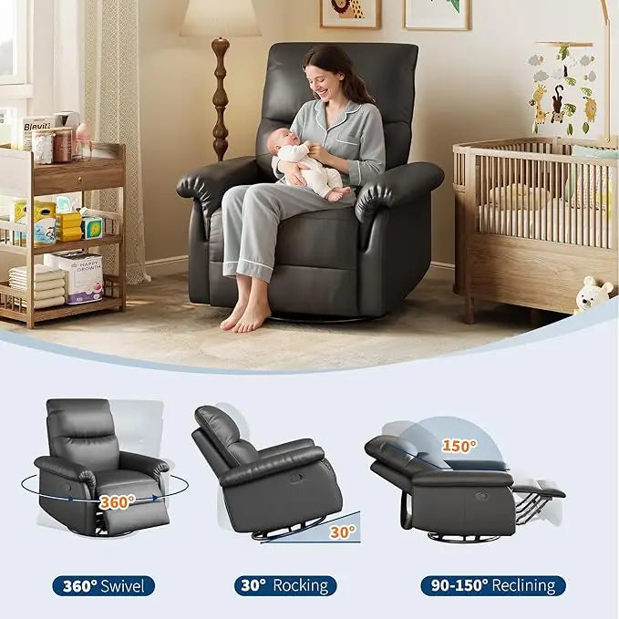 Recliner Chair, 360° Swivel Rocker Glider Nursery Chair with Padded Armrest and Deep Seat, PU Leather Upholstered Reclining Sofa Chair for Living Room