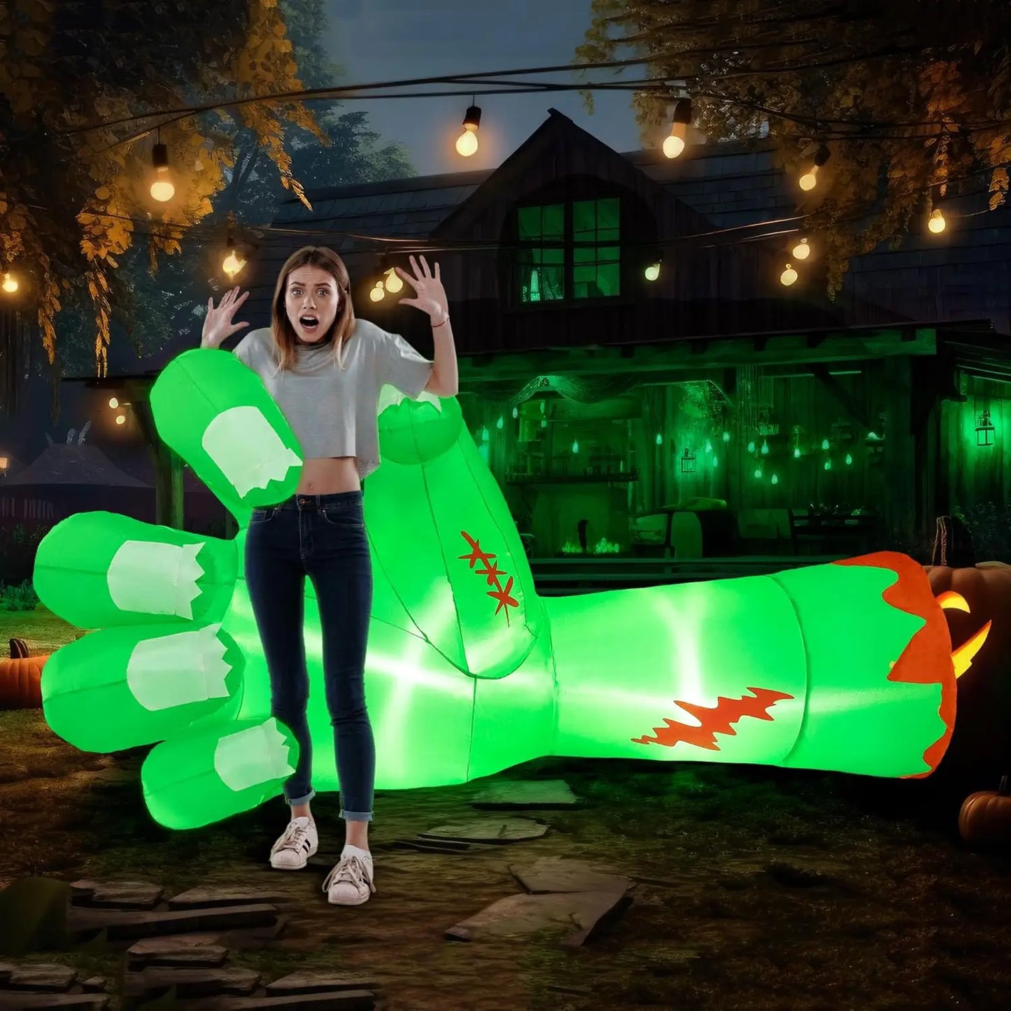 Joyfy 9ft Broken Hand Giant Zombie Arm Halloween Inflatables Outdoor Decoration with Built-in LEDs Scary Green Giant Hand