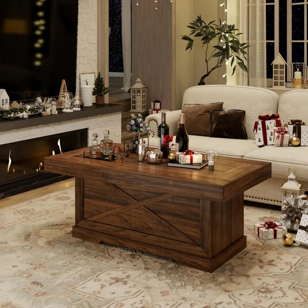 Rustic Coffee Table With X Design Pedestal For Living Room
