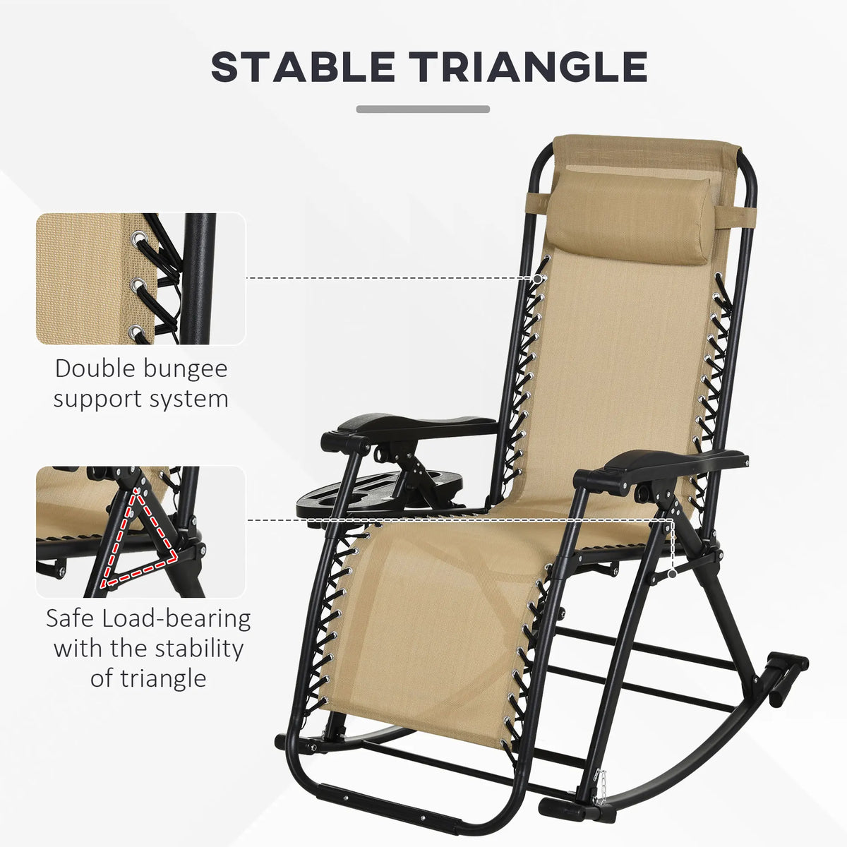 2 Pcs Folding Zero Gravity Reclining Rocking Chair, Pillow, Cup Holder, Beige