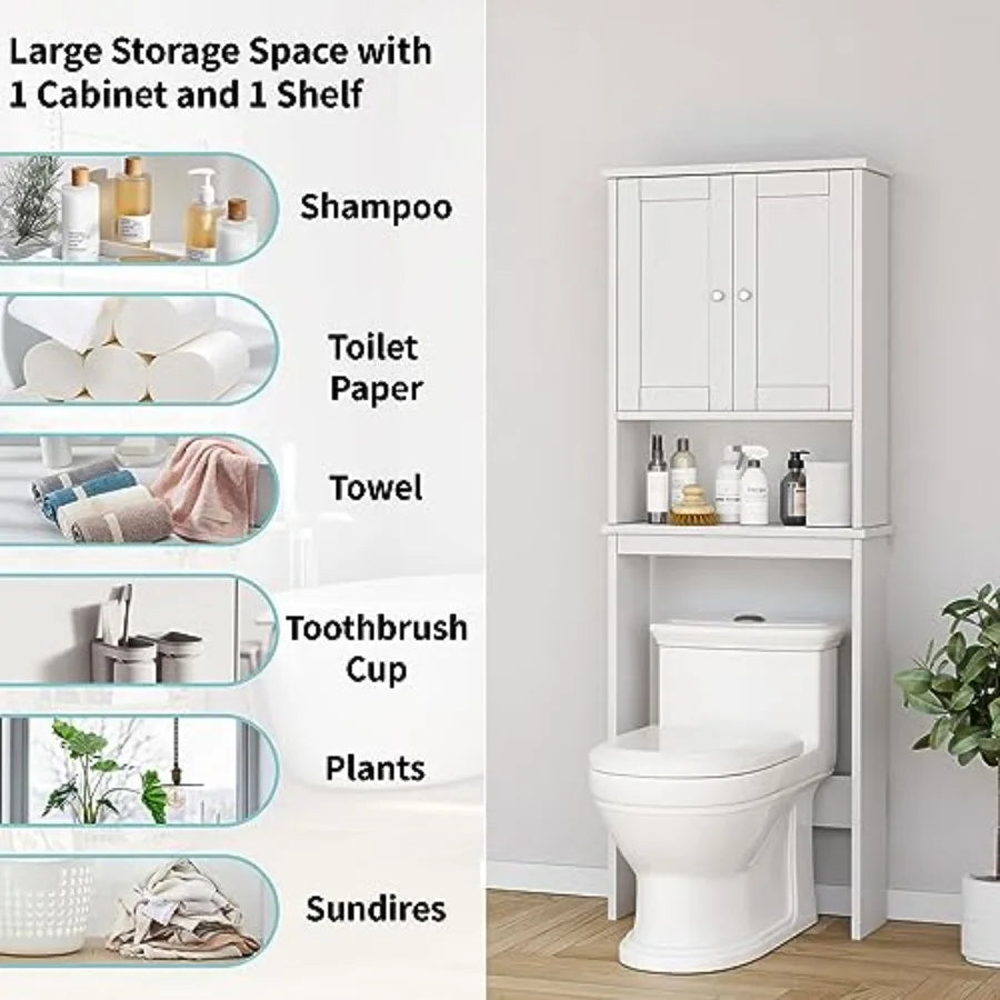 Over the Toilet Storage Cabinet, Bathroom Shelf Organizer with Anti-Tip Device Small Freestanding Space Saver with Adjustable S
