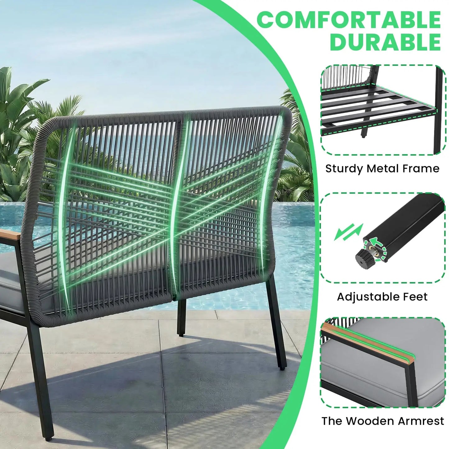 Modern Rattan Patio Loveseat With Wpc Armrest