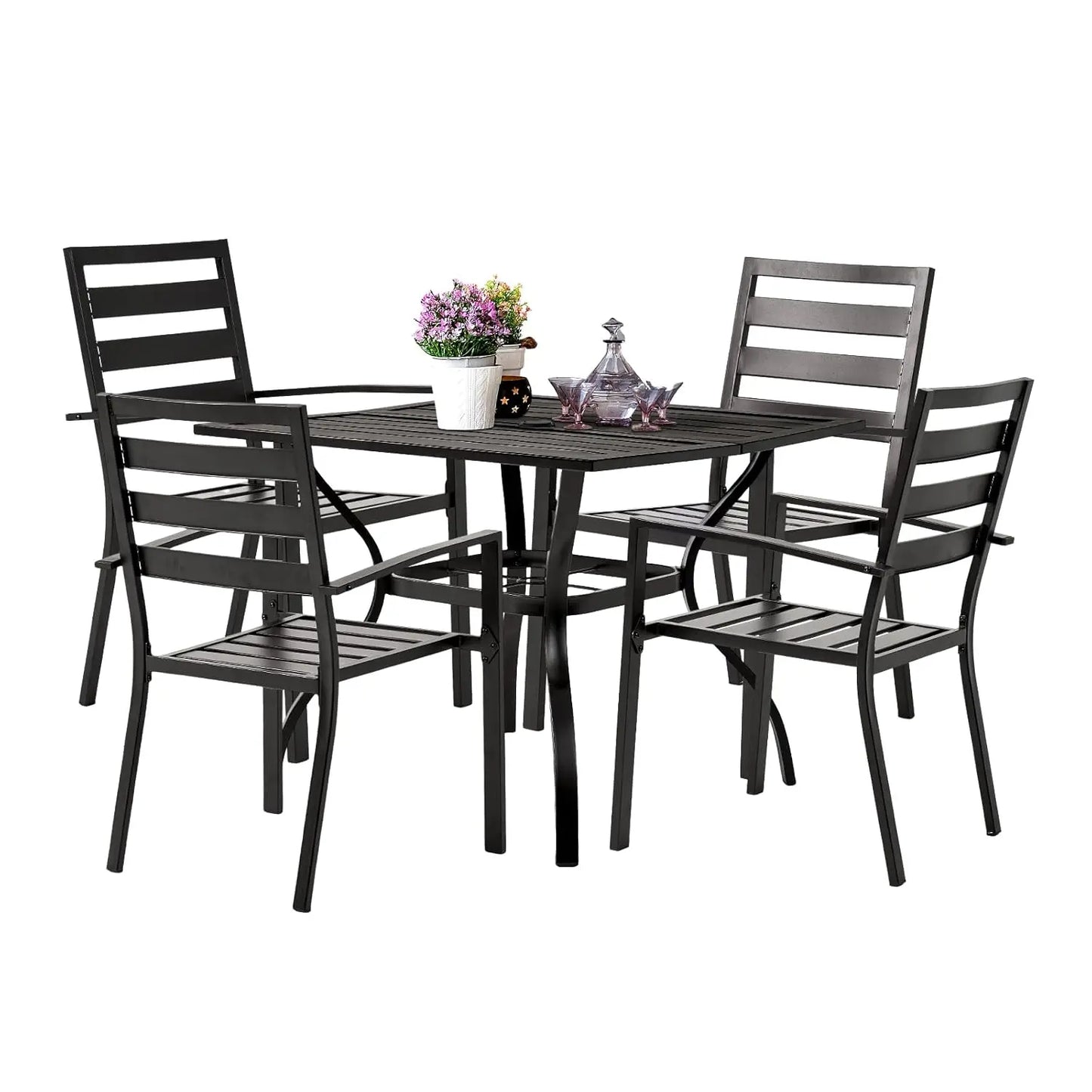 Metal Outdoor Dining Set With Square Table And Umbrella Hole And Chairs