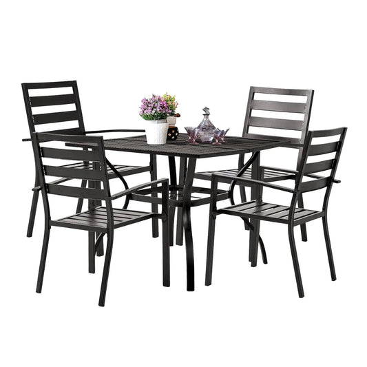 Metal Outdoor Dining Set With Square Table And Umbrella Hole And Chairs