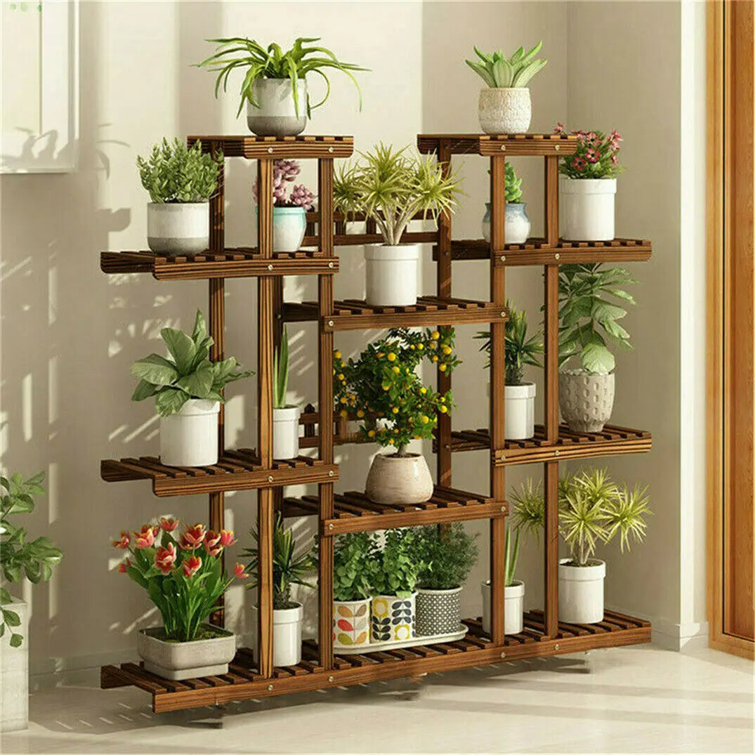 Wooden 11-Tier Plant Stand Carbonized For Indoor And Outdoor