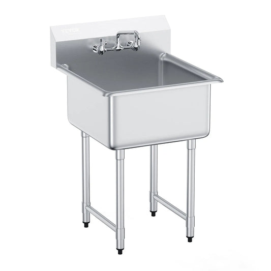 SucceBuy Stainless Steel Kitchen Prep & Utility Sink 1 Compartment Restaurant Commercial Steel Sink w/Faucet for Restaurant Home