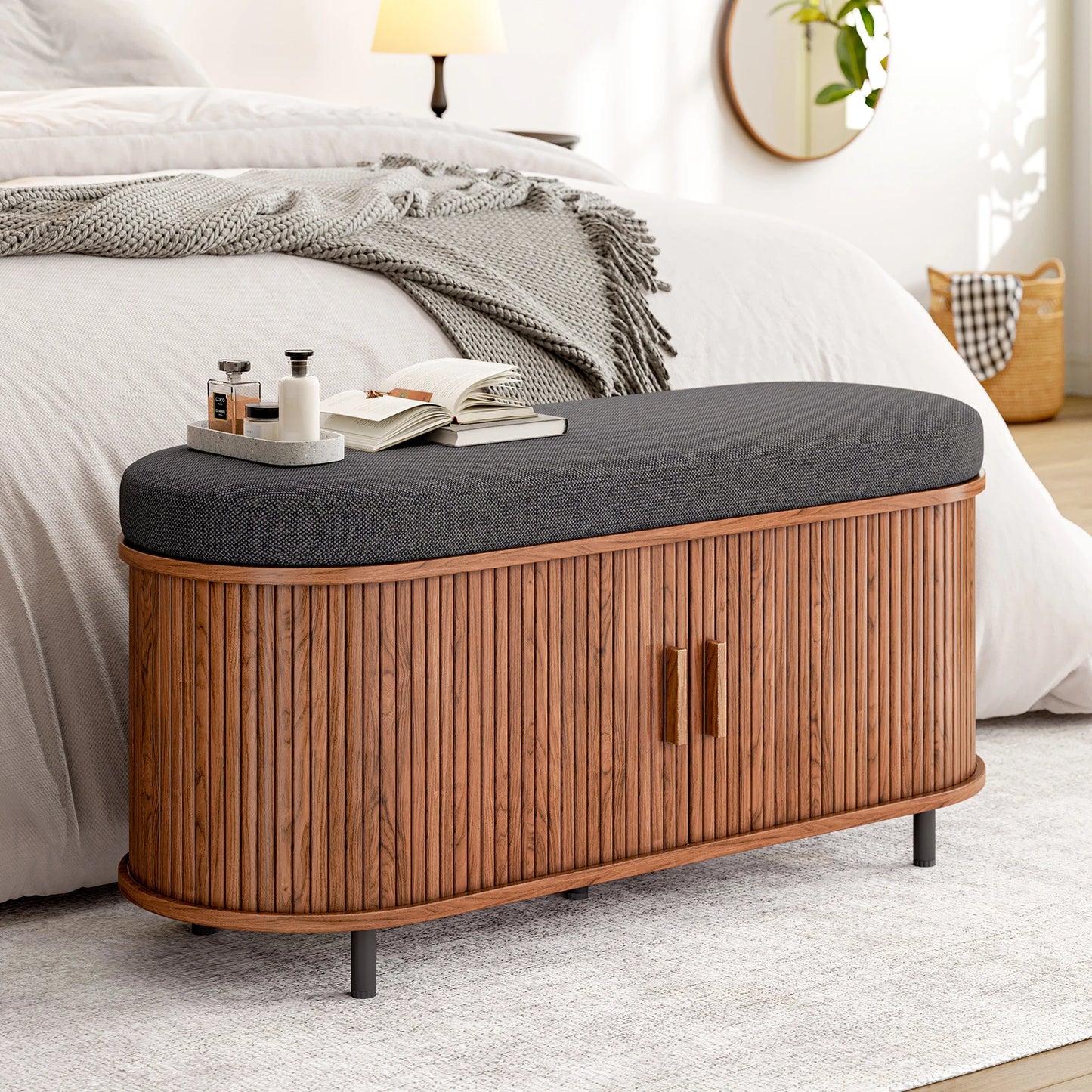 Shoe Storage Bench 3 Tier Organizer Cushion Sliding Door
