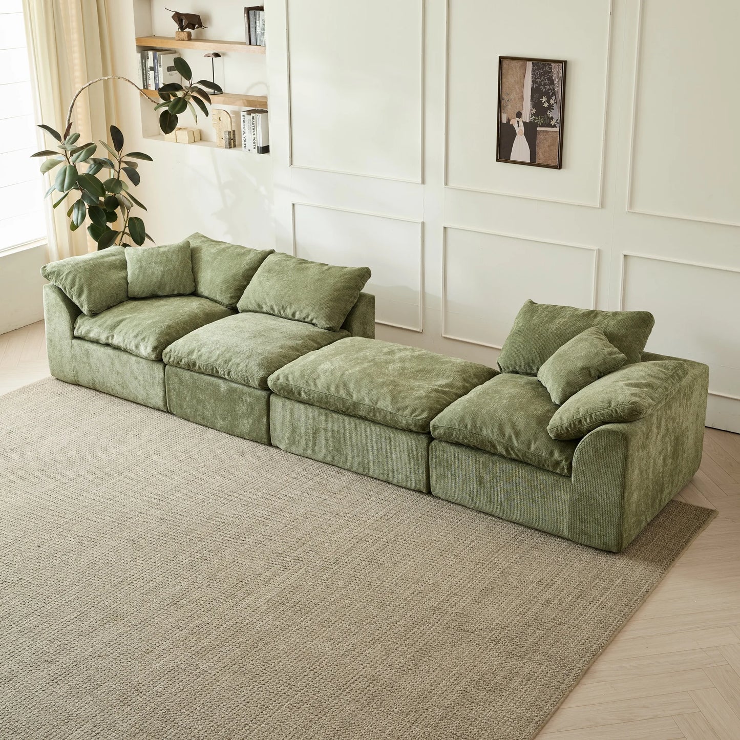Yeflixvrau Modern L-Shaped 3-Seater Deep Seat Chenille Sofa With Ottoman