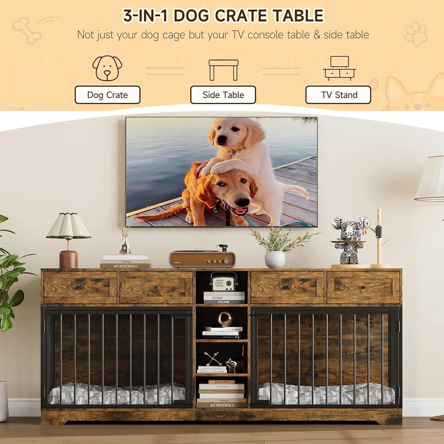 HiMISS Heavy Duty Wooden Dog Crate TV Stand With Drawers
