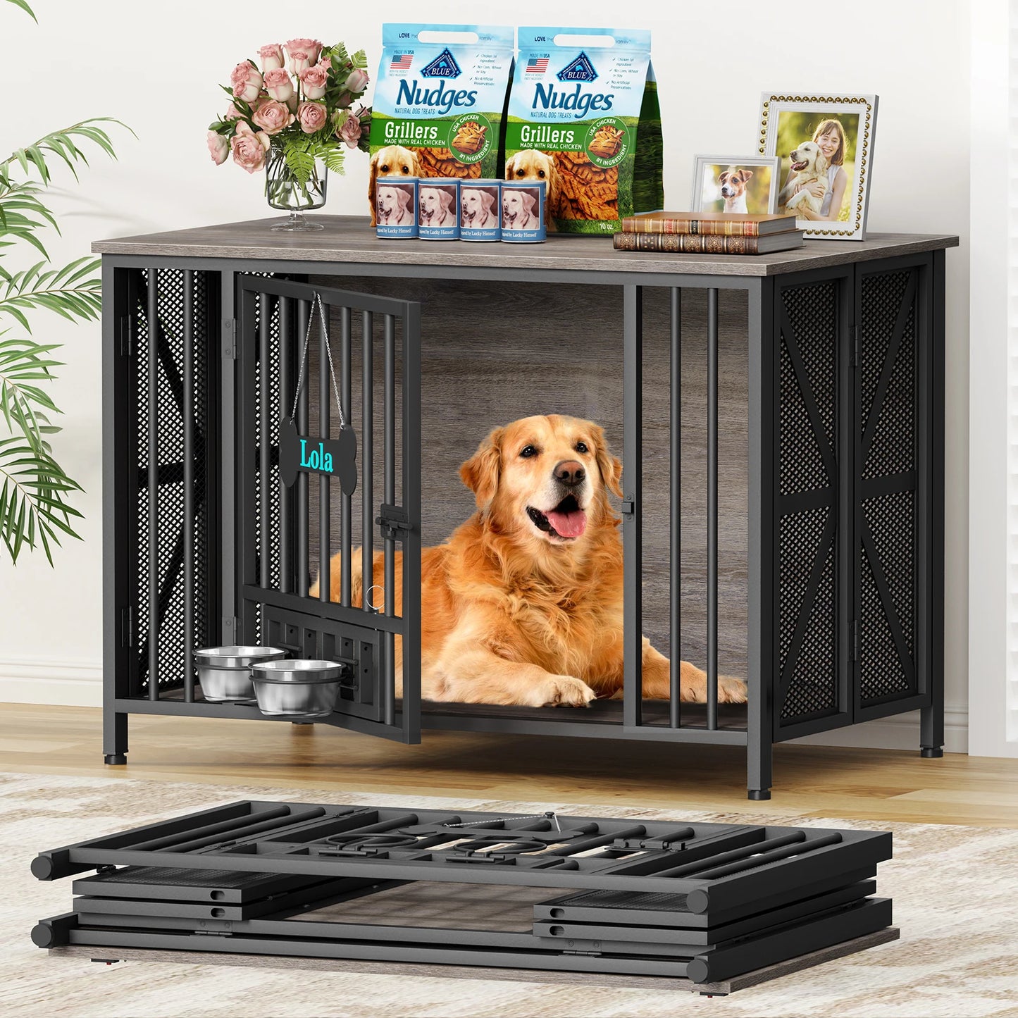 Foldable Wooden Dog Crate Kennel For Indoor Use With Bowls