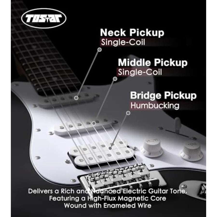 Beginner Electric Guitar, Solid Body, 39 Full Size Strat Style with HSS Pickups, 5-Way Switch, Tremolo Bridge, Maple Neck Tecto