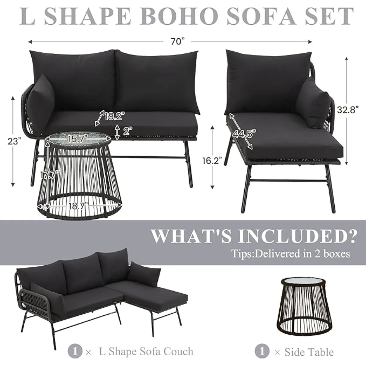 XIUWO Outdoor 3-Piece L-Shaped Rattan Patio Furniture Set