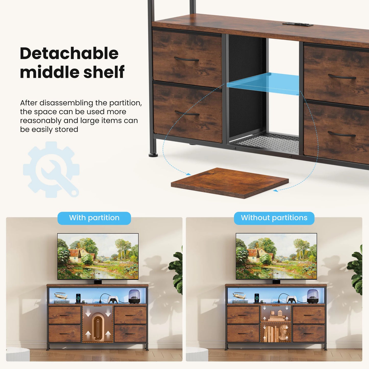 JHK Four Drawers TV Stand With LED Lights And Outlets