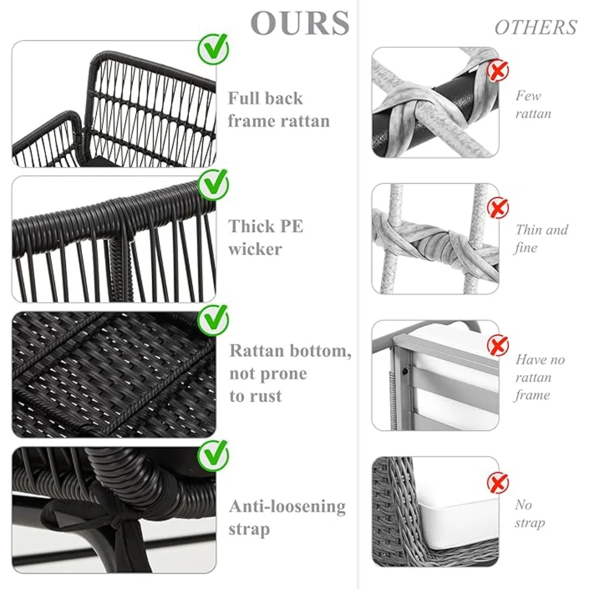 XIUWO Outdoor 3-Piece L-Shaped Rattan Patio Furniture Set