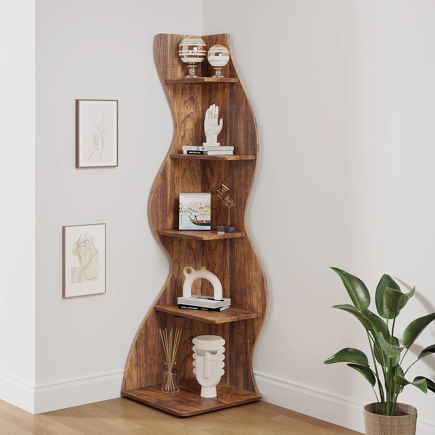 Tribesigns Rustic 5-Tier Corner Shelf Wall Bookcase For Living Room