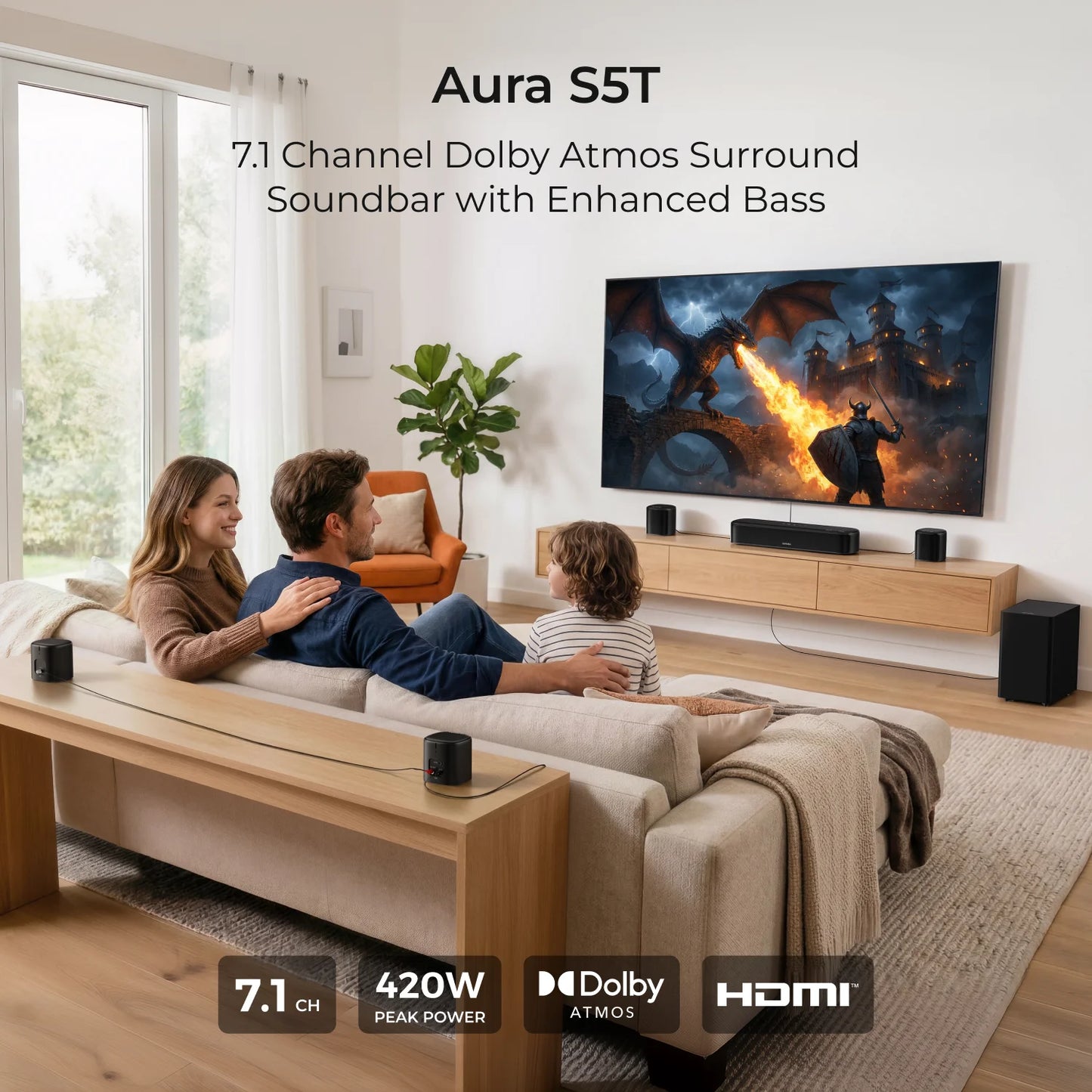 ULTIMEA 420W 7.1ch Soundbar with Dolby Atmos, Surround Sound System for TV with 5.25" Subwoofer&4 Surround Speakers, App Control