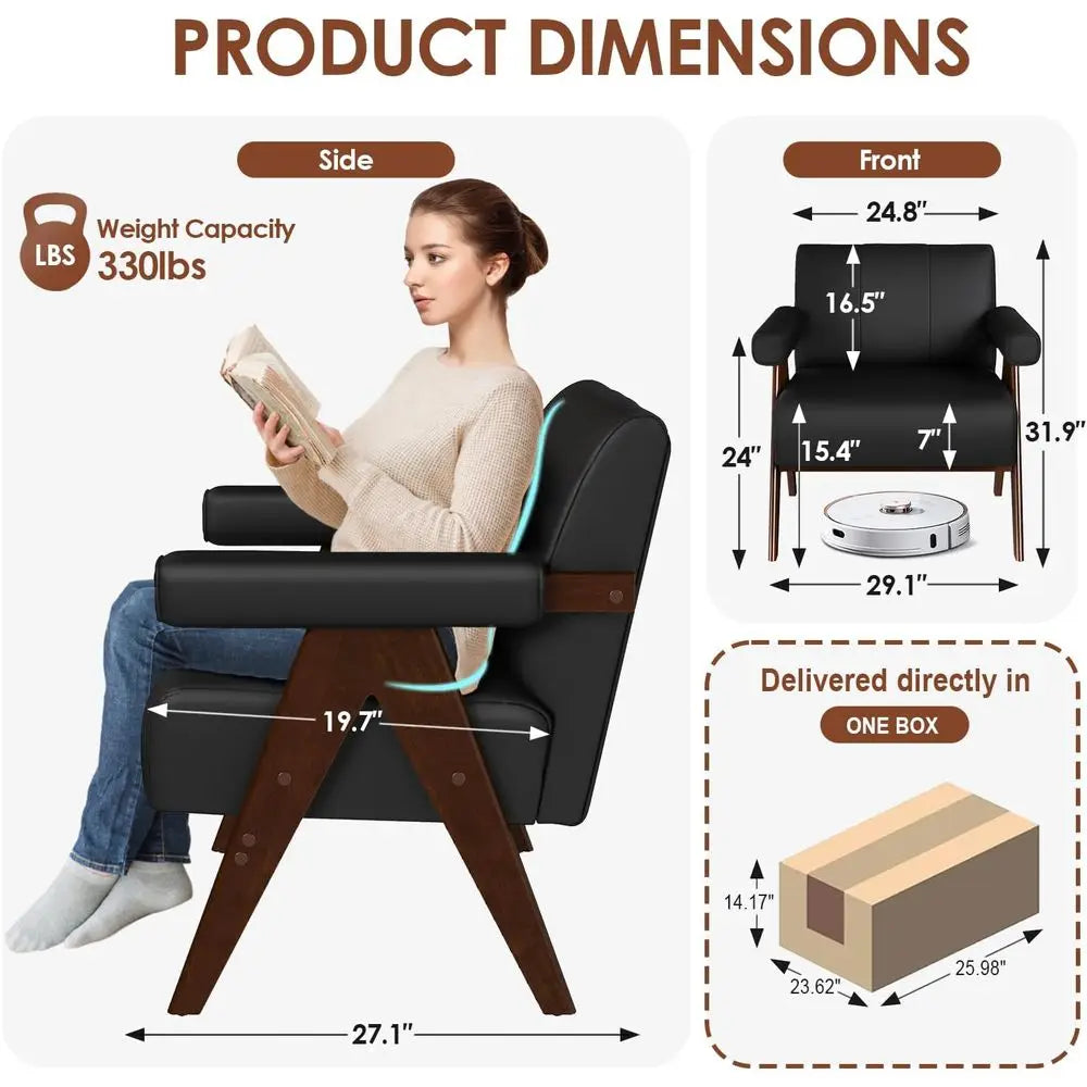 Leather Reading Accent Chairs Set of 2 With Wooden Arms