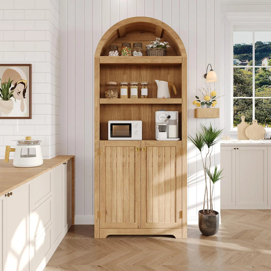 Arched Bookcase with Doors, 71 Inch Tall Storage Bookshelf with Cabinet and Shelves, Wooden Display Bookcase for Living Room, Home Office, White with Black Handles