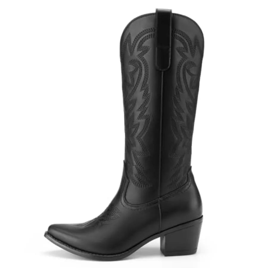 Women Cowboy Boots Embroidered Snip Toe Mid Calf Western