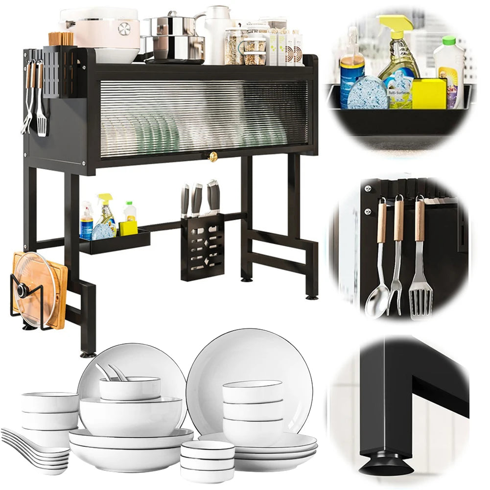 Kitchen Drain Shelf Steel Multi-Functional Kitchen Storage Rack Kitchen Sink Organizer Large Over The Sink Dish Rack with Cover
