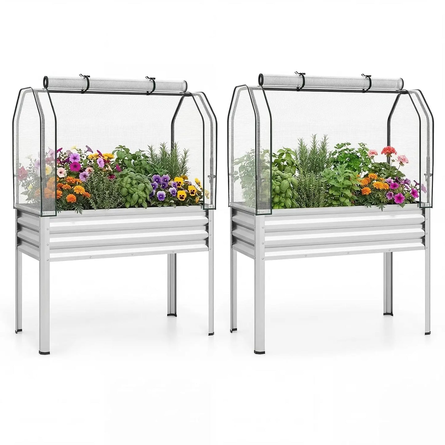 Raised Metal Garden Bed With Legs And Greenhouse Cover Roll Up Door