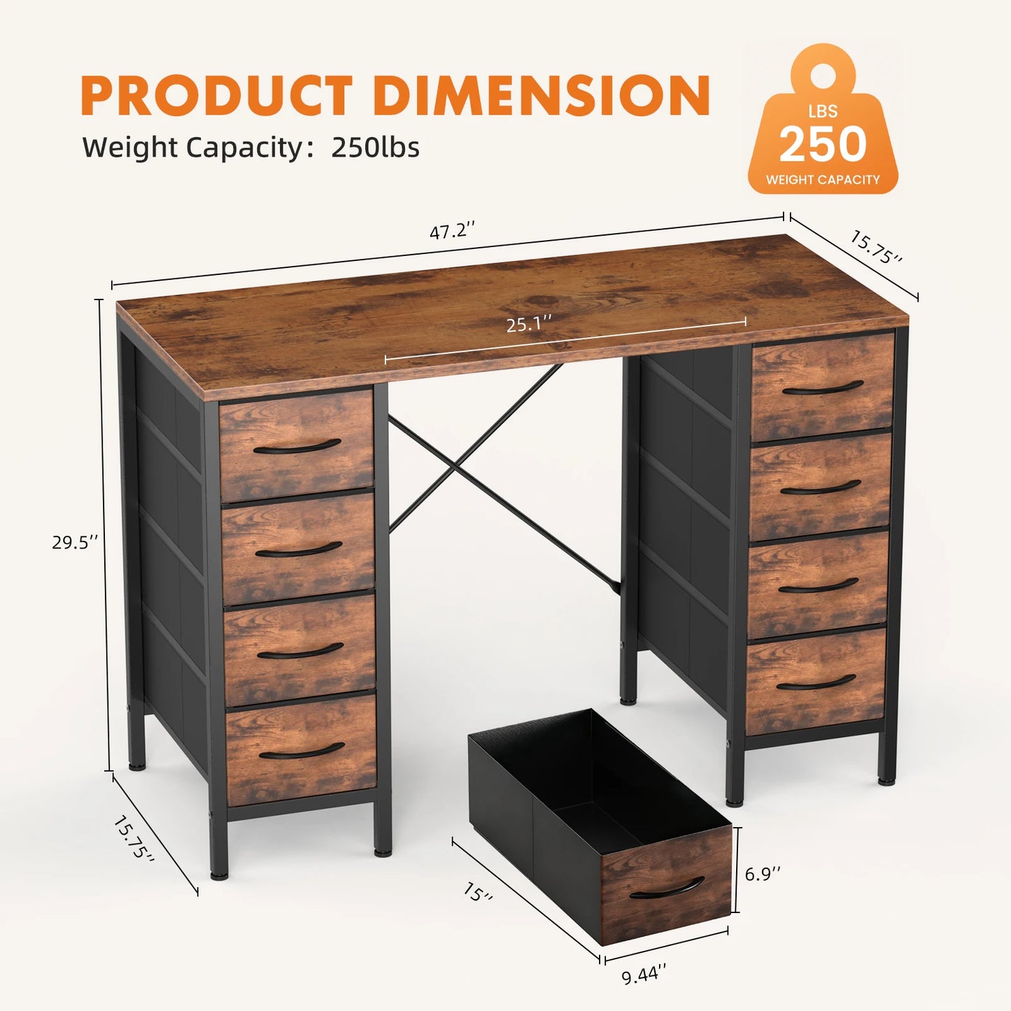 JHK Office Desk With 8 Fabric Drawers And X-Shaped Reinforcement