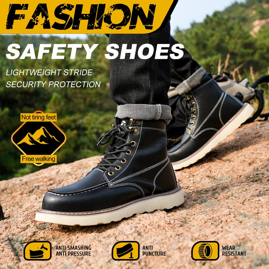 Two Layer Cowhide Mens High Top Work Safety Shoes Anti Smash Puncture