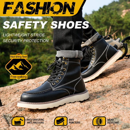 Two Layer Cowhide Mens High Top Work Safety Shoes Anti Smash Puncture