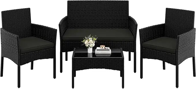 XIUWO 4-Piece Patio Furniture Set Rattan Wicker With Glass Table
