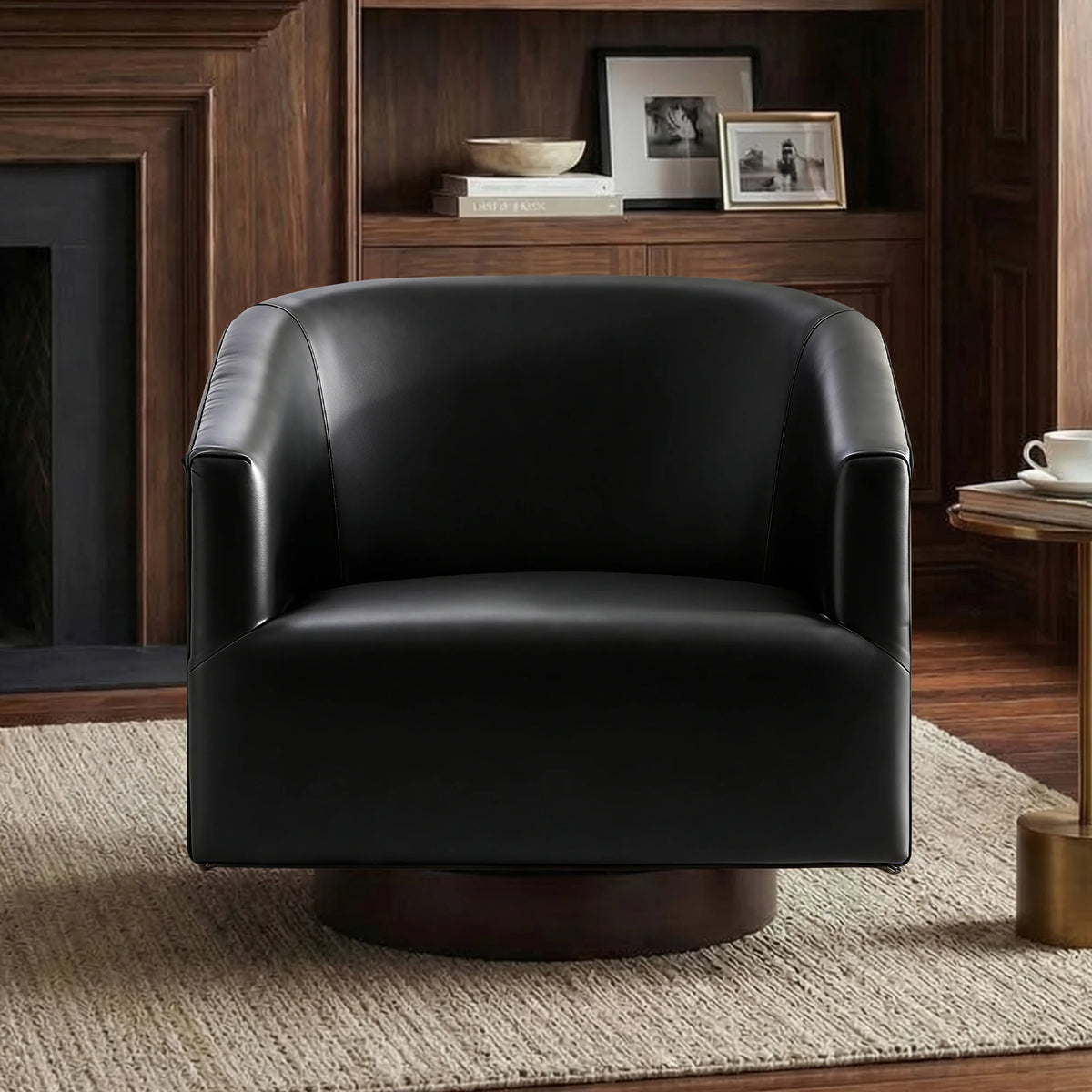 KERDOM Barrel Accent Chair, Modern Round Linen Arm Chair for Living Room, Bedroom, Comfy Club Reading Chairs for Adults, Black