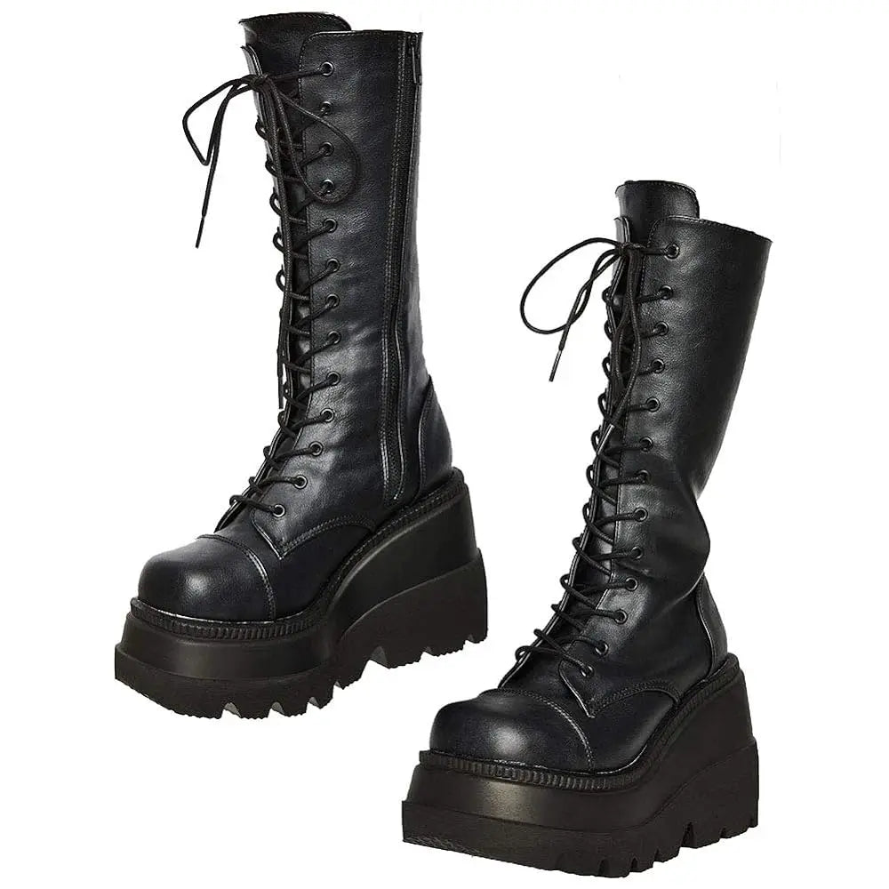 DoraTasia Gothic Lace Up Mid Calf Boots With Zipper