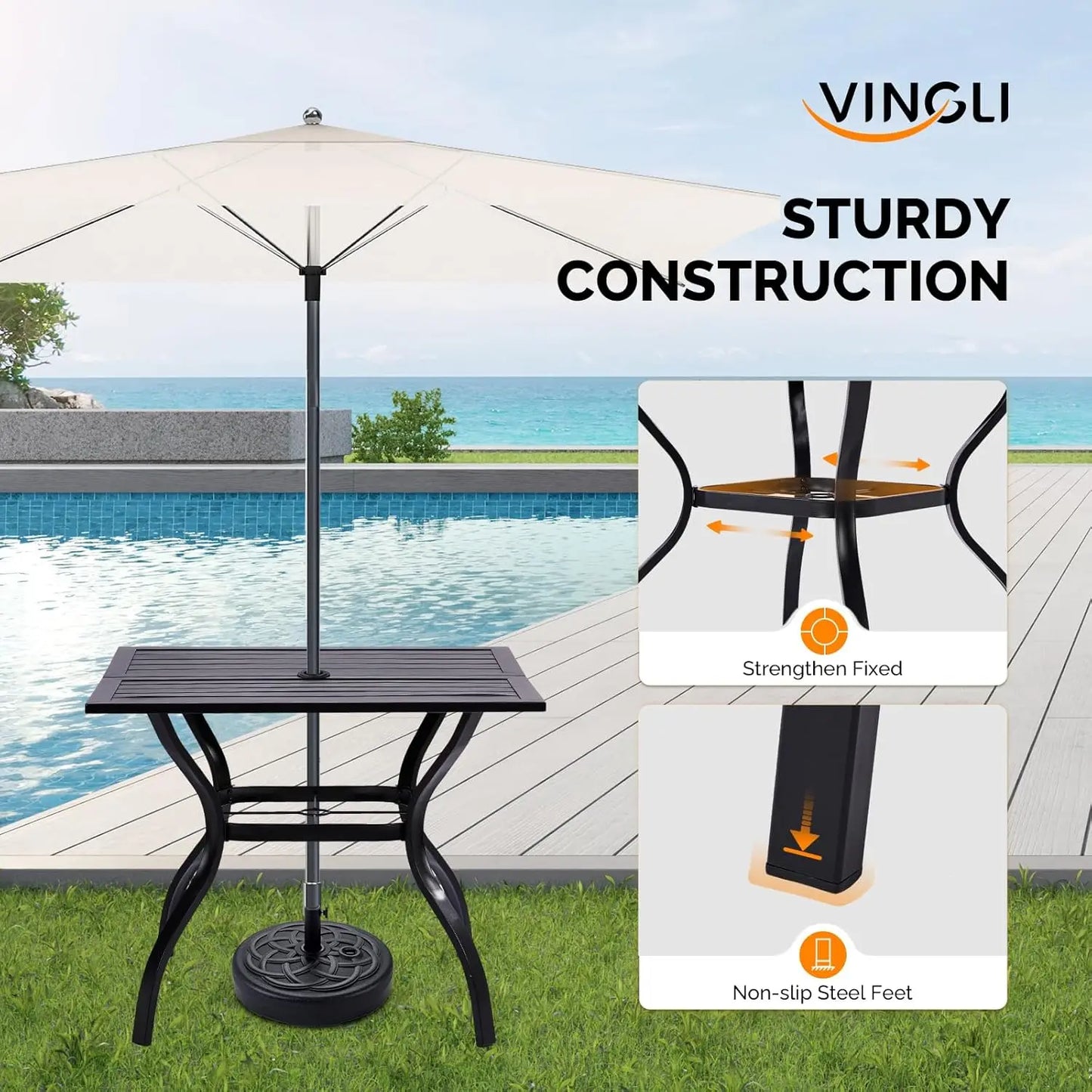 Metal Outdoor Dining Set With Square Table And Umbrella Hole And Chairs