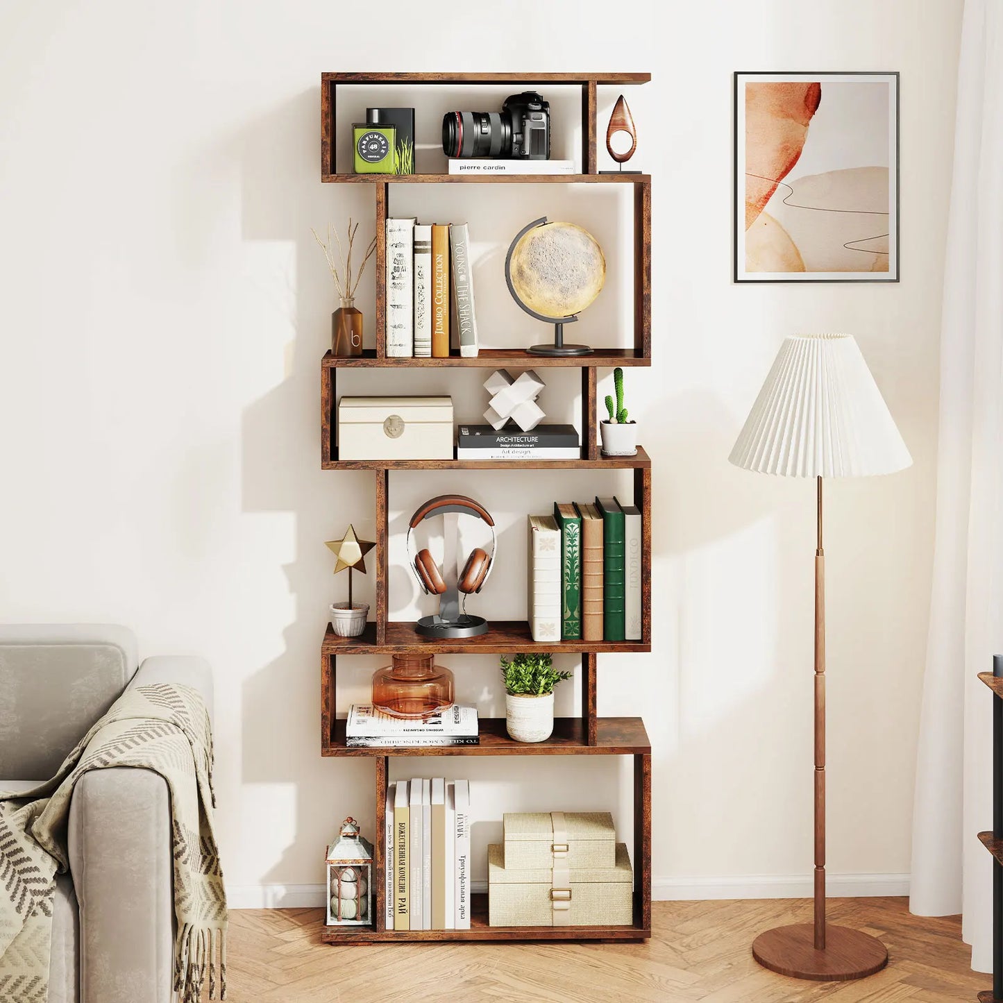 6-tier Storage Bookshelf S-shaped Geometric Bookcase w/ Anti-toppling Kits