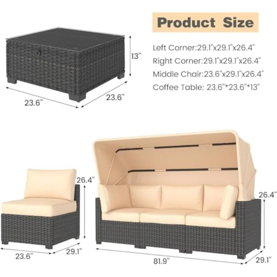 OLOEY Patio Furniture Set Wicker Sofa With Retractable Canopy