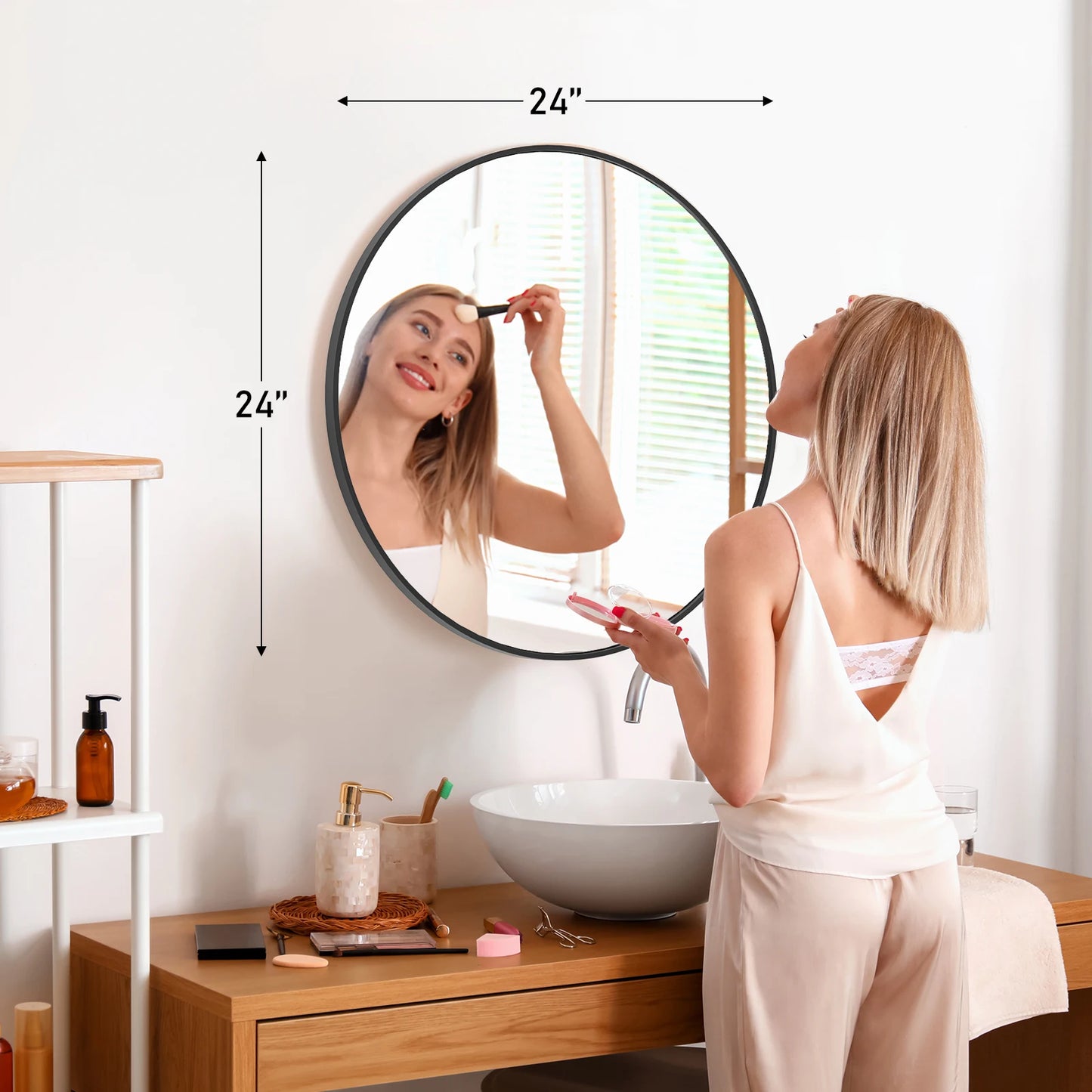 JHK Round Vanity Mirror With Matte Metal Frame Wall Mount