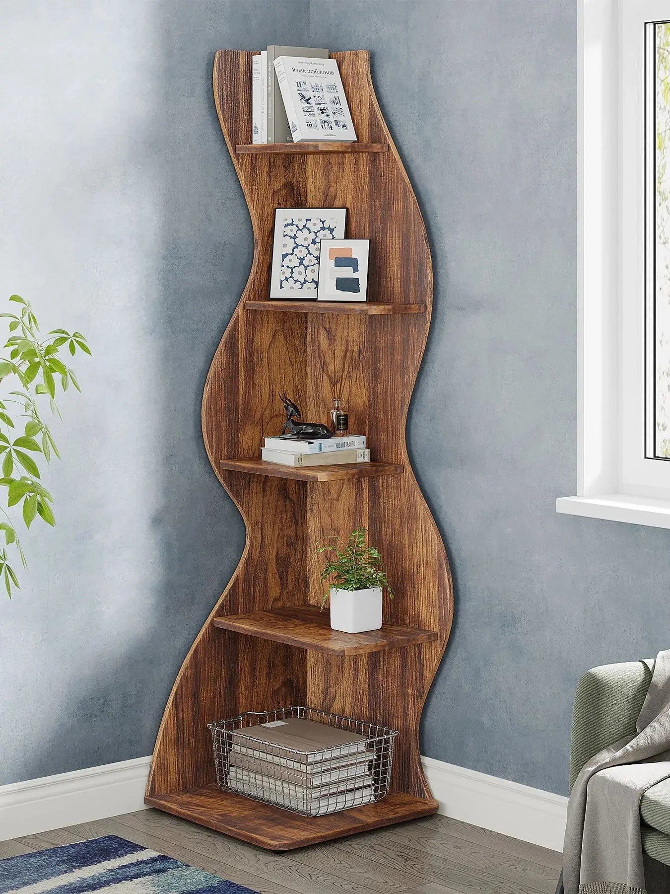 Tribesigns Rustic 5-Tier Corner Shelf Wall Bookcase For Living Room
