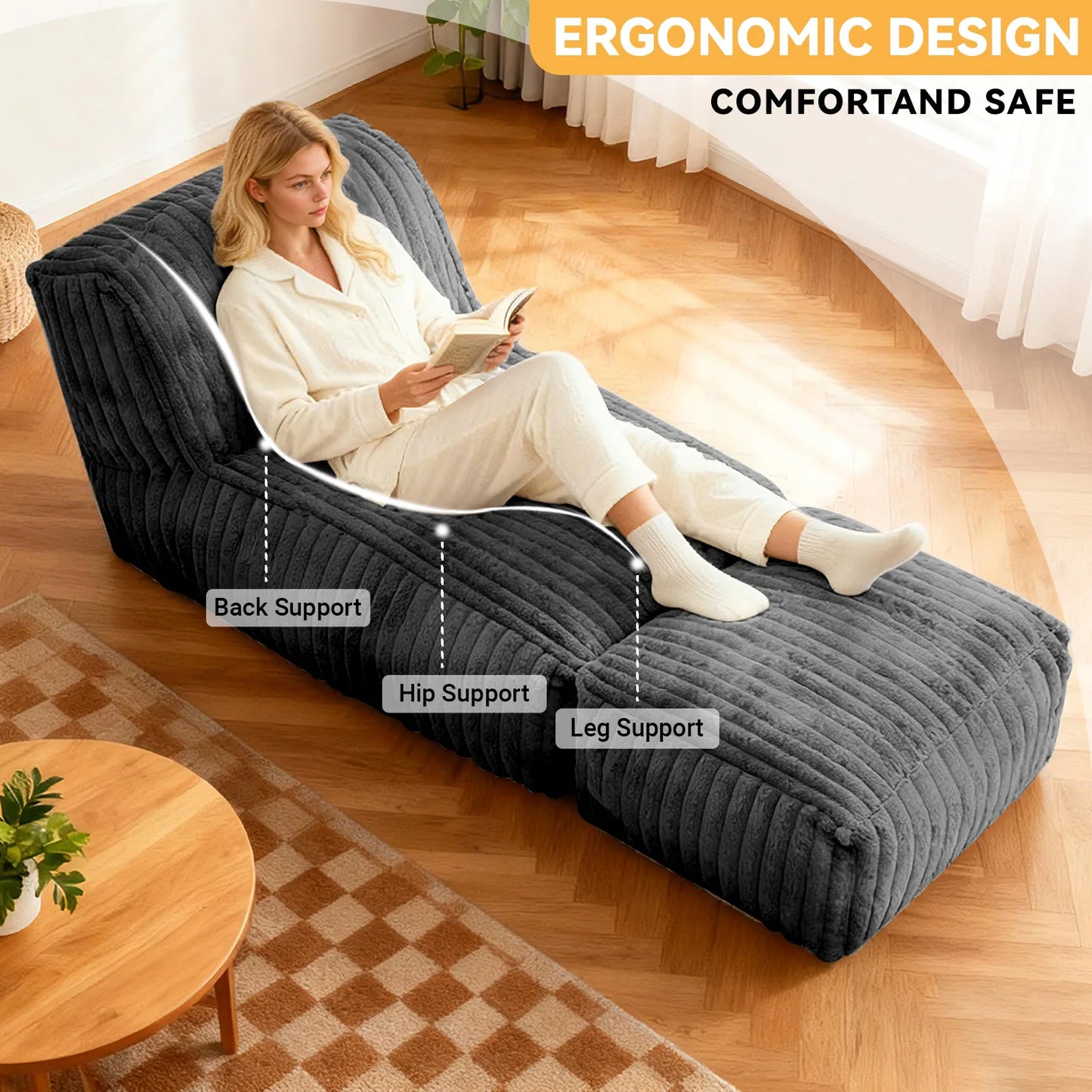 Bean Bag Chair With Corduroy Fabric And Lumbar Support Convertible