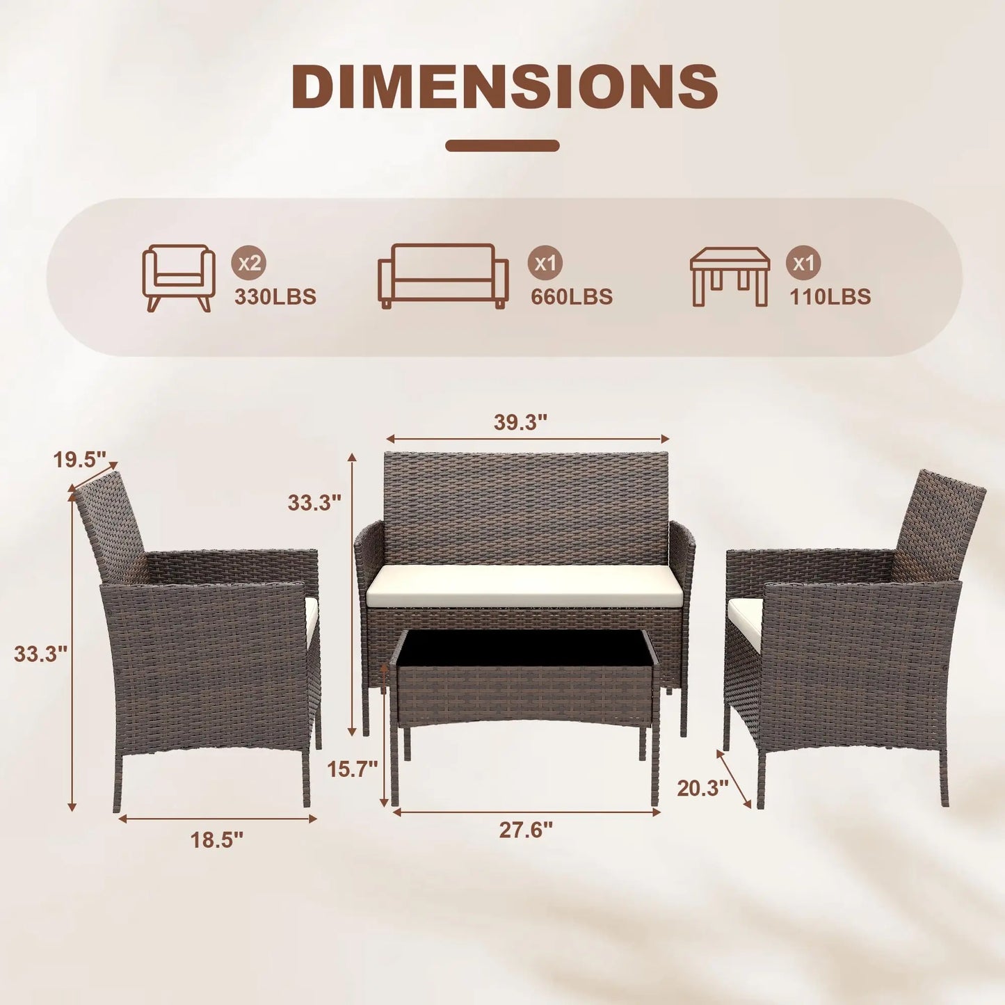 4 Piece Patio Furniture Set, Outdoor Rattan Bistro Set With Cushioned Sofa, 2 Chairs, Glass Table For Porch Backyard