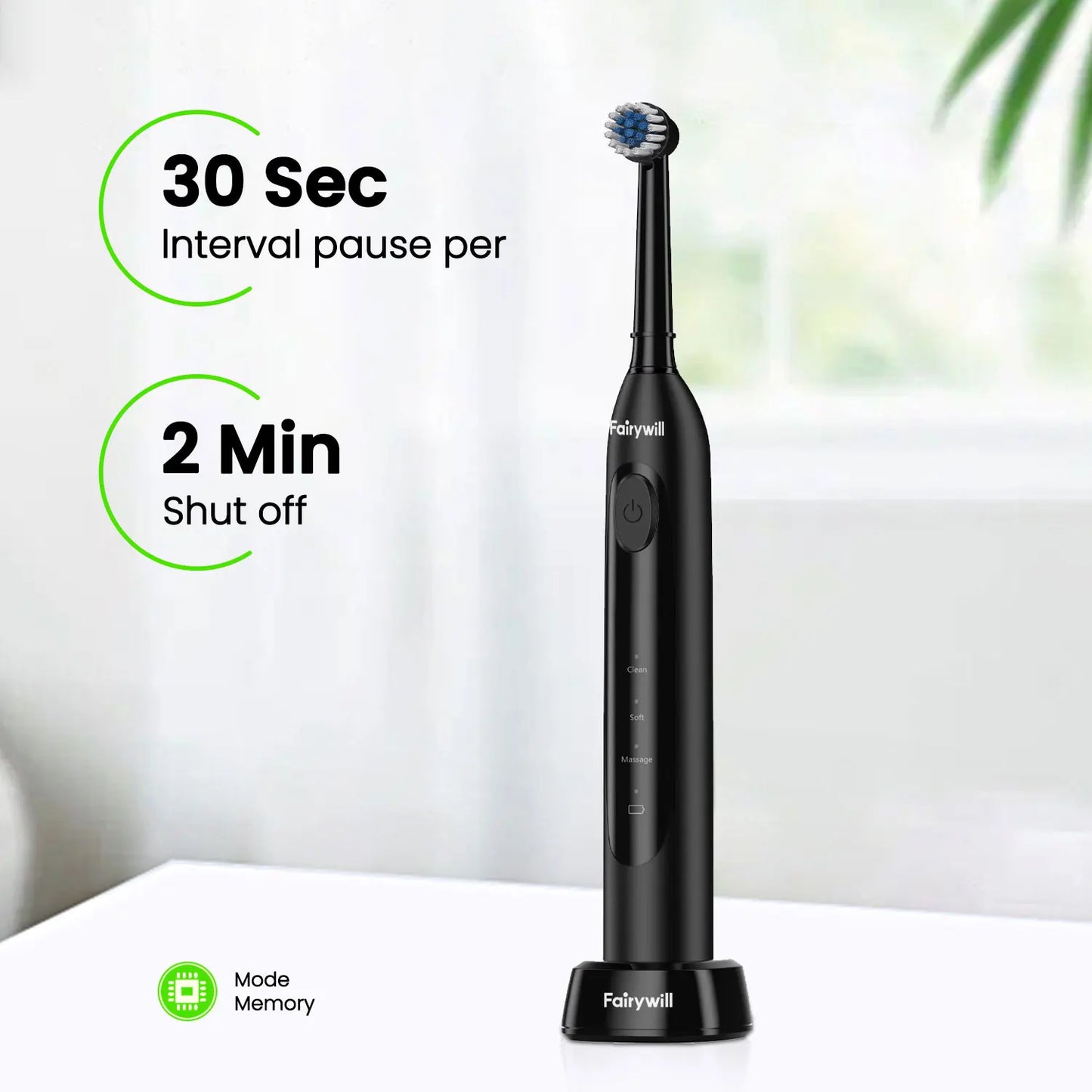 Fairywill T2233 Electric Toothbrush With 4 Replacement Heads