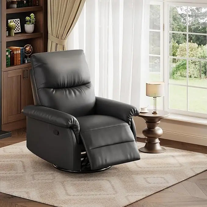 Recliner Chair, 360° Swivel Rocker Glider Nursery Chair with Padded Armrest and Deep Seat, PU Leather Upholstered Reclining Sofa Chair for Living Room