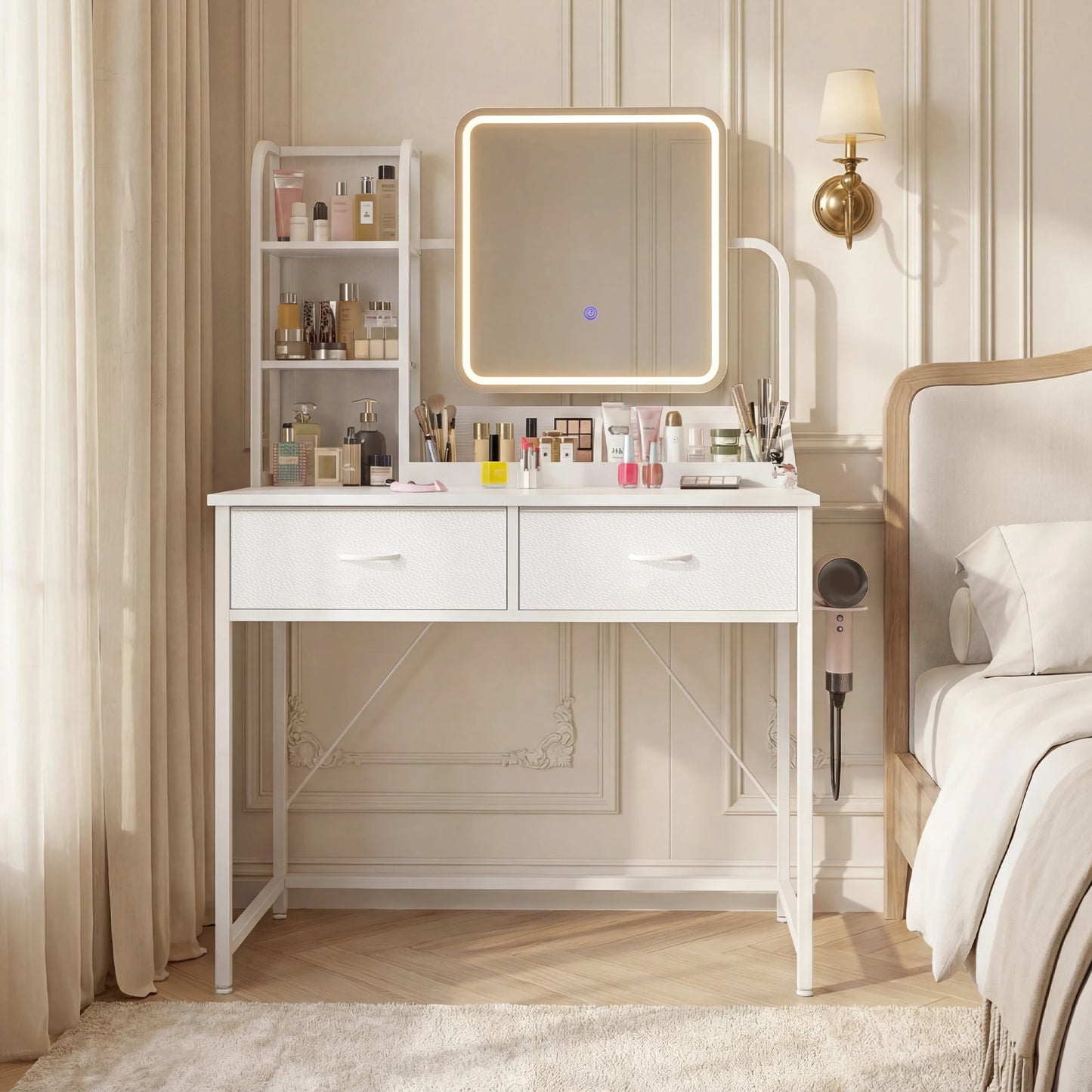 EnHomee LED Makeup Vanity Desk with 2 Fabric Drawers & Power Charging Station, Space Saving Dressing Table Dresser for Bedroom Dorm