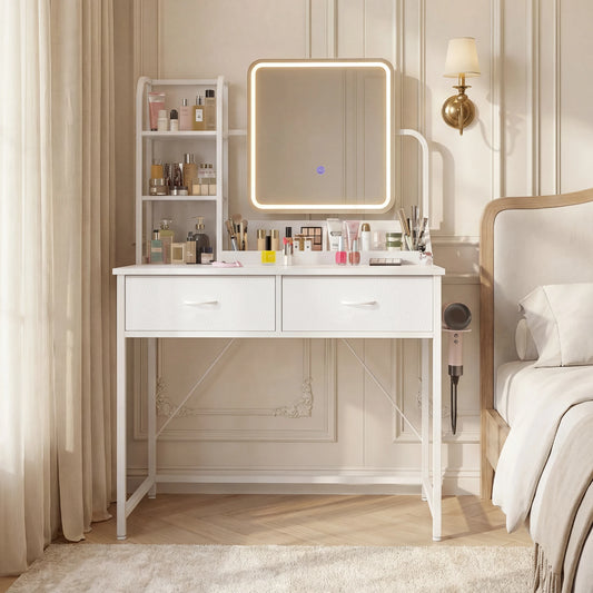EnHomee LED Makeup Vanity Desk with 2 Fabric Drawers & Power Charging Station, Space Saving Dressing Table Dresser for Bedroom Dorm
