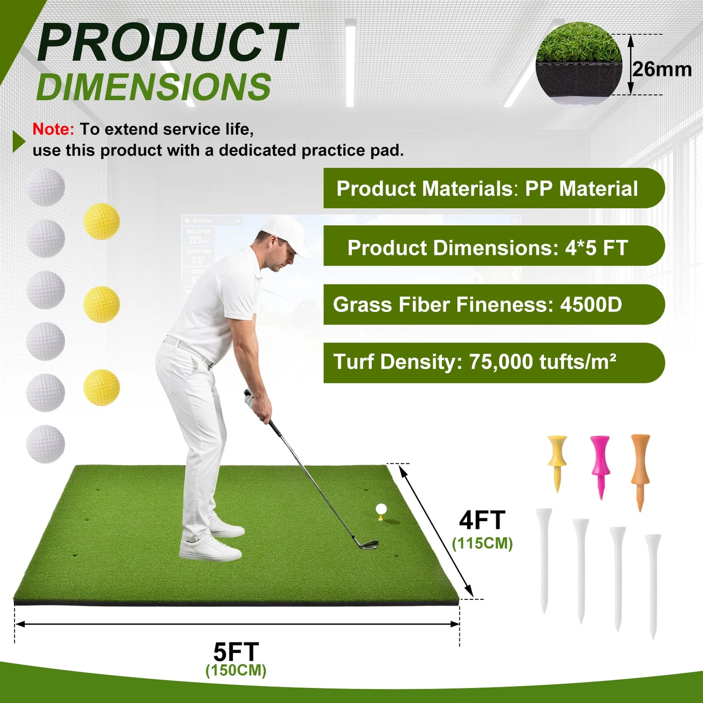 Golf Turf Mat, 5x4ft Training Aid Practice Equipment, Outdoor Indoor Artificial Turf Mat with Balls, Tees, for Backyard Chipping Garage Driving Range Simulators
