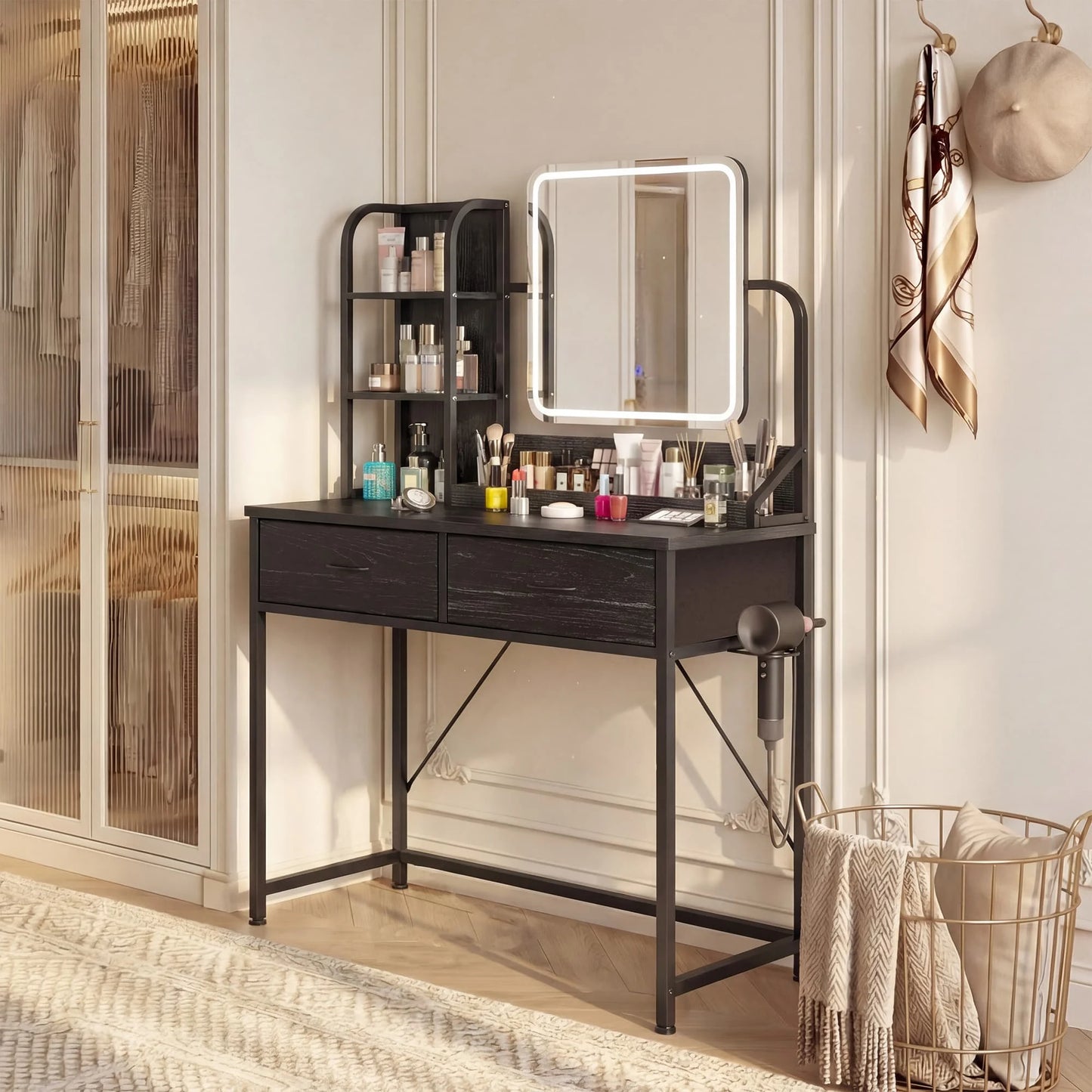 EnHomee LED Makeup Vanity Desk with 2 Fabric Drawers & Power Charging Station, Space Saving Dressing Table Dresser for Bedroom Dorm