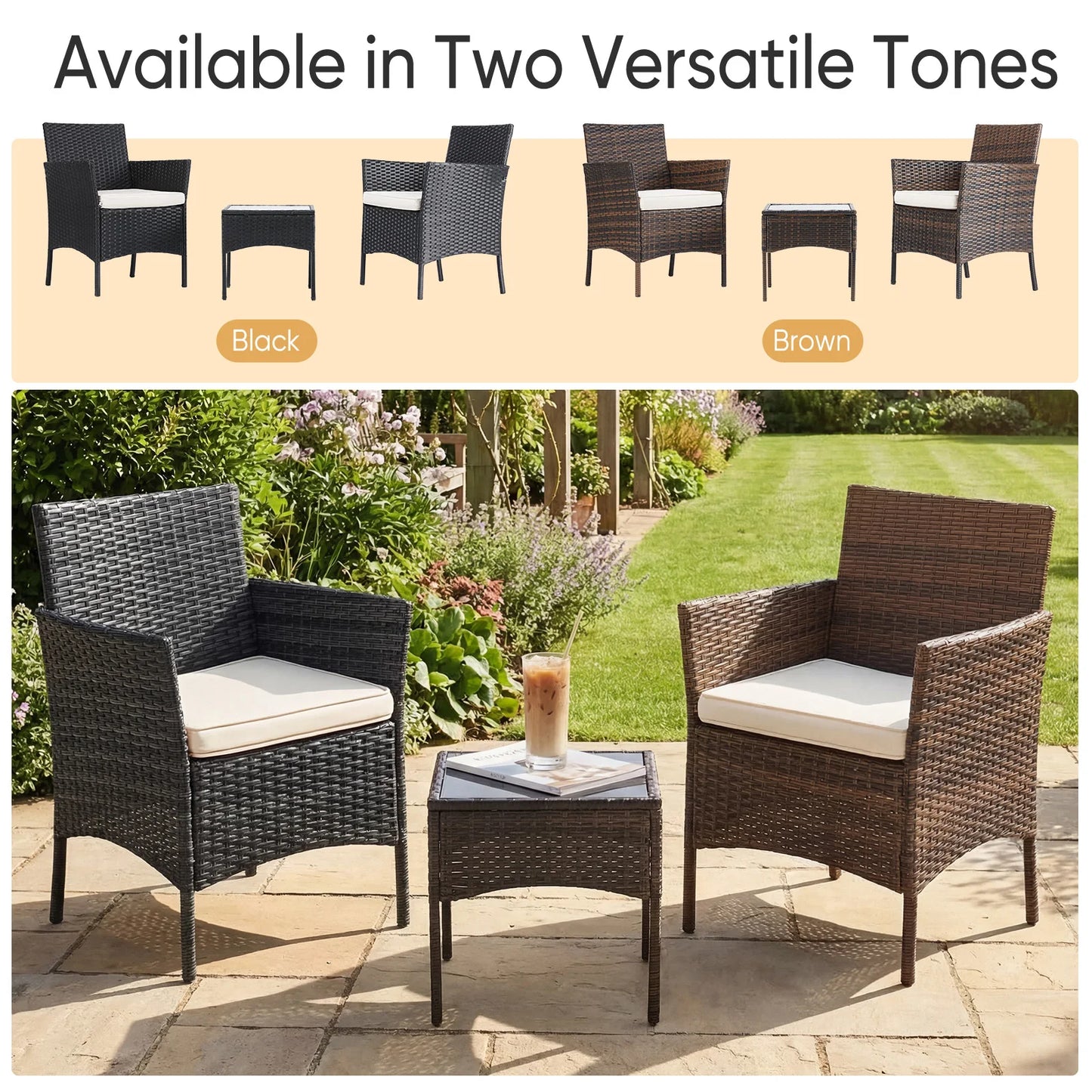 JHK Outdoor Patio Furniture Set Rattan Wicker Chairs With Glass Table Cushions