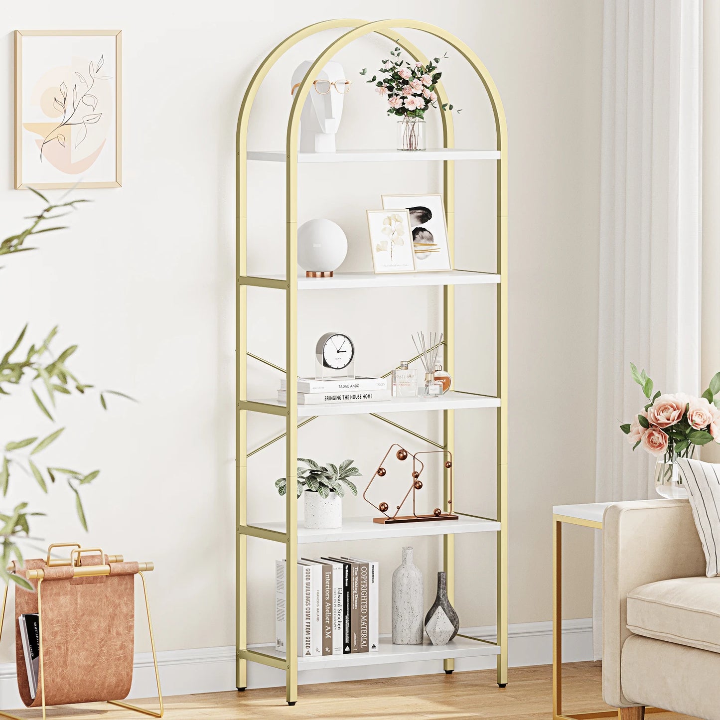 HiMISS 5 Tier Bookshelf Arched Display Metal Frame Bookcase